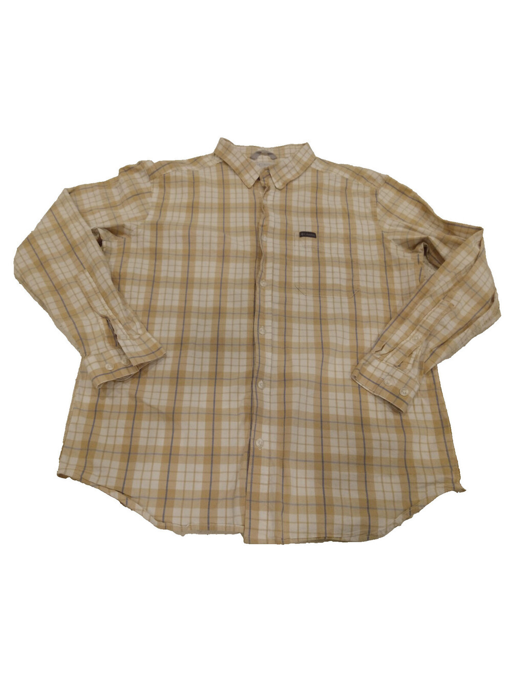 Columbia Shirt Mens XL Tan Blue Plaid Long Sleeve Check Button Down Pocket XL